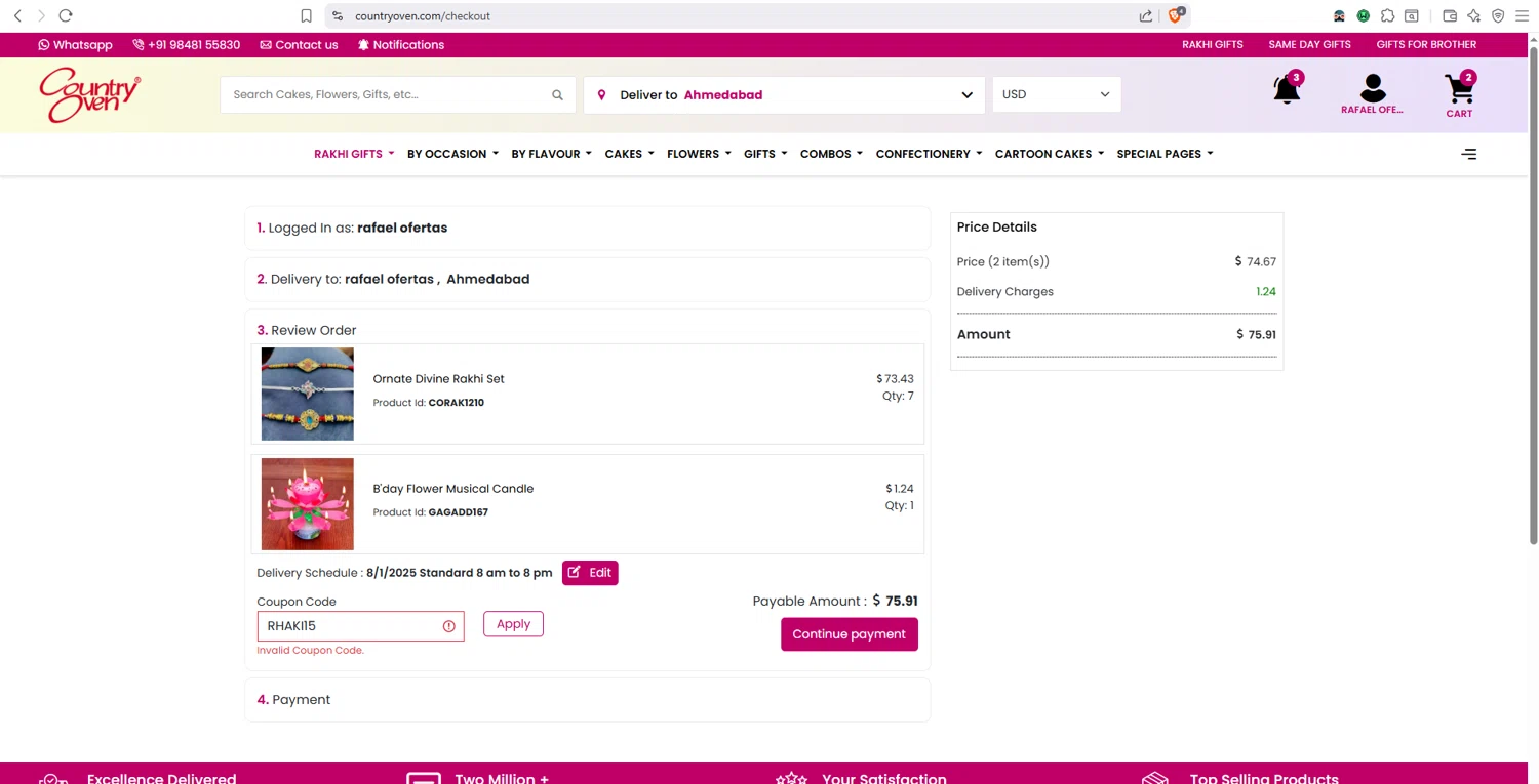 Countryoven coupon code screenshot showing code RHAKI15 applied at Countryoven checkout page. Uploaded by SimplyCodes community member dayselis15 on Jul 29, 2025