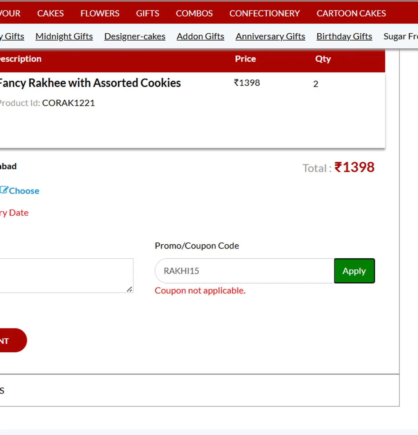 Countryoven coupon code screenshot showing code RAKHI15 applied at Countryoven checkout page. Uploaded by SimplyCodes community member TULA515 on Aug 26, 2025