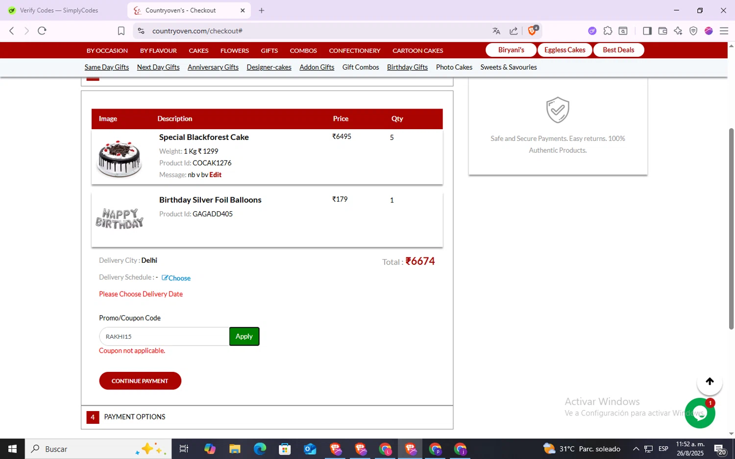 Countryoven coupon code screenshot showing code RAKHI15 applied at Countryoven checkout page. Uploaded by SimplyCodes community member VoucherSpotter6910 on Aug 26, 2025