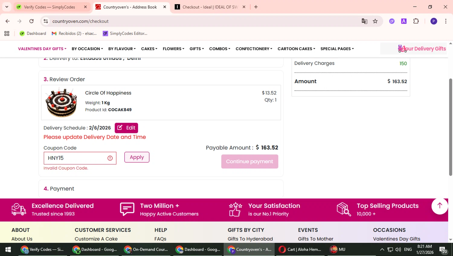 Countryoven coupon code screenshot showing code HNY15 applied at Countryoven checkout page. Uploaded by SimplyCodes community member TrevorPhilips on Jan 27, 2026