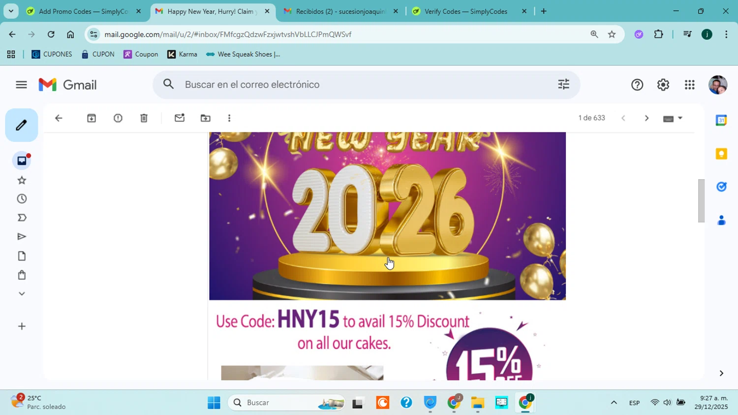 Countryoven coupon code screenshot showing code HNY15 applied at Countryoven checkout page. Uploaded by SimplyCodes community member ABHF23 on Dec 29, 2025