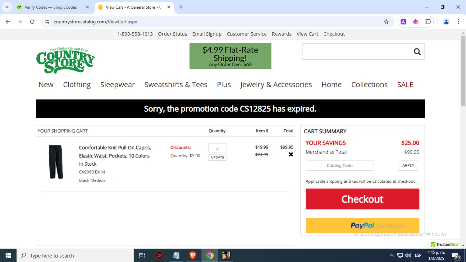 Country Store Catalog promo code screenshot showing code CS12825 applied at Country Store Catalog checkout page. Uploaded by SimplyCodes community member EstefanyMarrufo on Mar 1, 2025