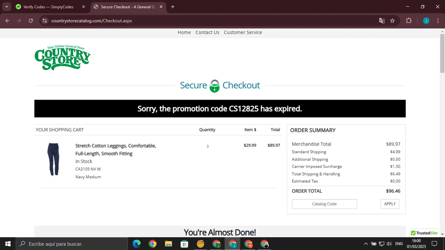 Country Store Catalog promo code screenshot showing code CS12825 applied at Country Store Catalog checkout page. Uploaded by SimplyCodes community member juanjo2 on Mar 1, 2025