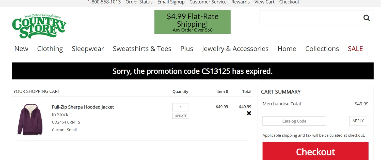 Country Store Catalog promo code screenshot showing code CS13125 applied at Country Store Catalog checkout page. Uploaded by SimplyCodes community member Frafid on Mar 5, 2025