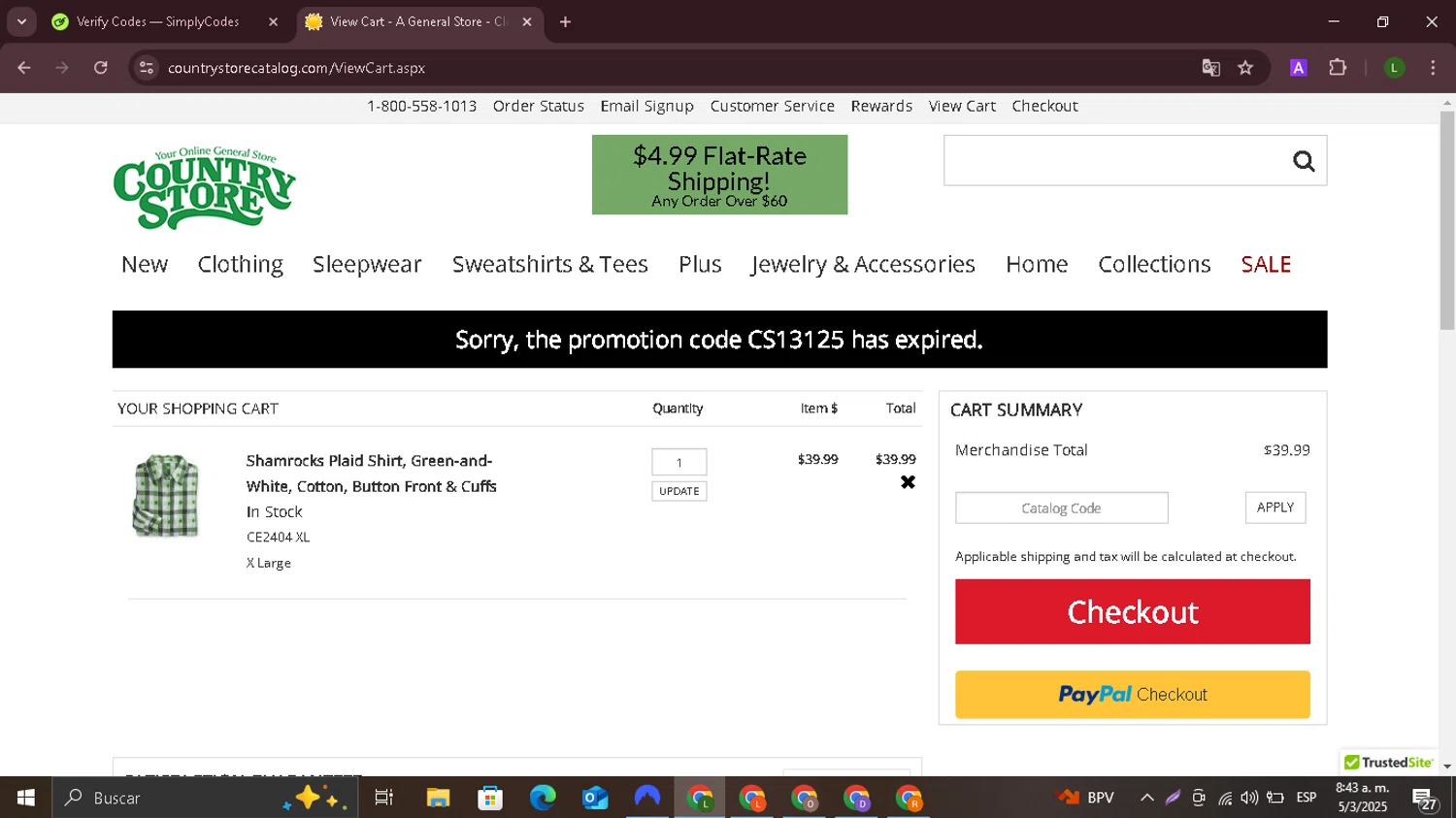 Country Store Catalog promo code screenshot showing code CS13125 applied at Country Store Catalog checkout page. Uploaded by SimplyCodes community member GloriousEagle7444 on Mar 5, 2025