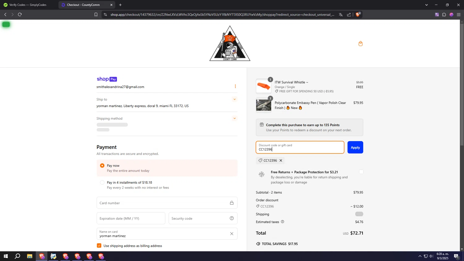 CountyComm discount code screenshot showing code CC12396 applied at CountyComm checkout page. Uploaded by SimplyCodes community member MRYORMAN on Mar 9, 2025