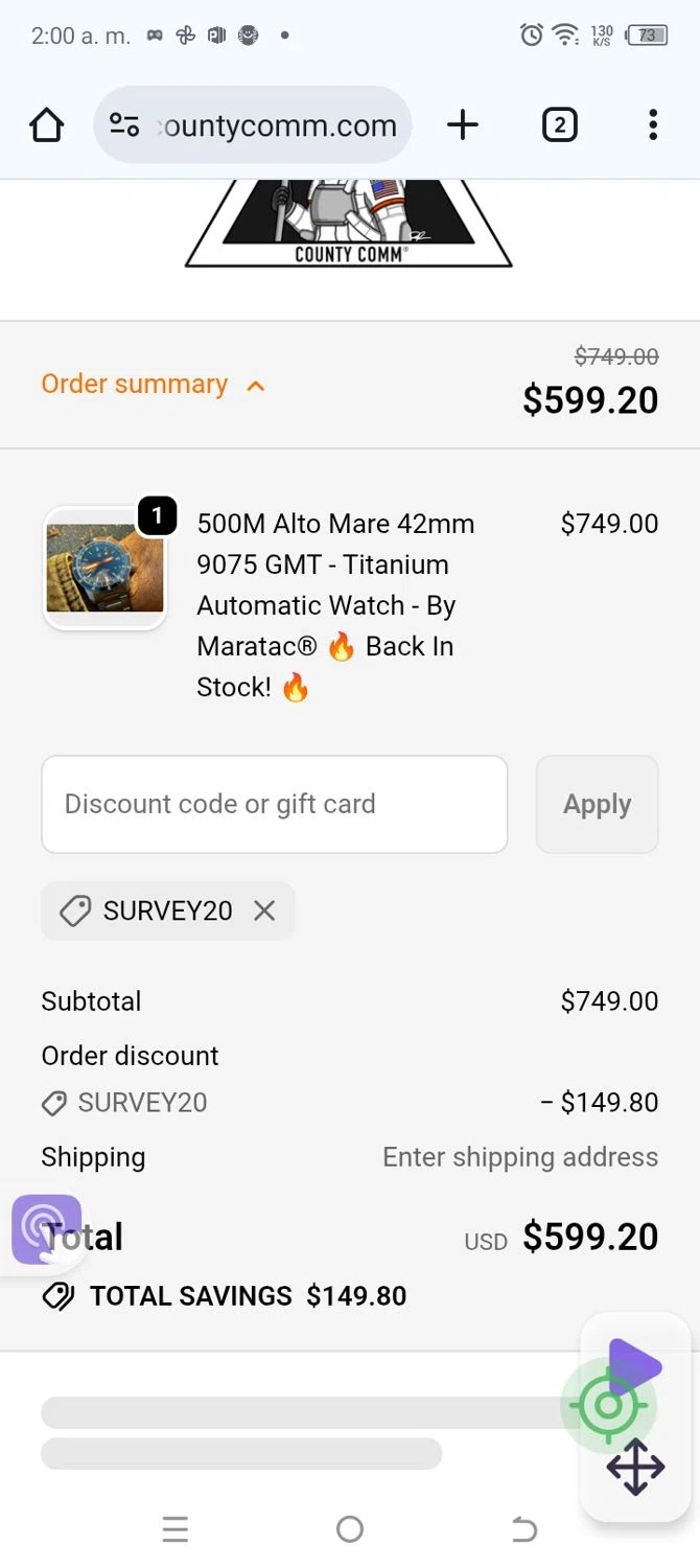 CountyComm discount code screenshot showing code SURVEY20 applied at CountyComm checkout page. Uploaded by SimplyCodes community member GoldSeeker7901 on Oct 12, 2025