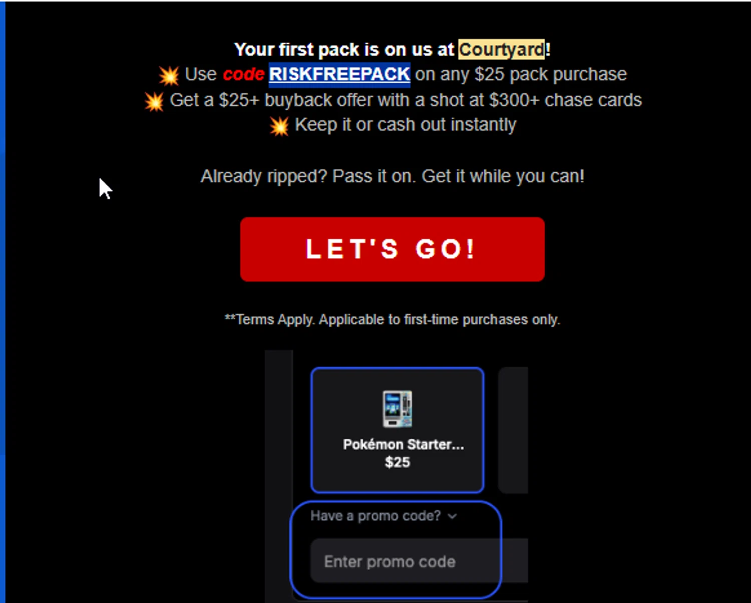 Courtyard.io promo code screenshot showing code RISKFREEPACK applied at Courtyard.io checkout page. Uploaded by SimplyCodes community member 111111 on Oct 31, 2025