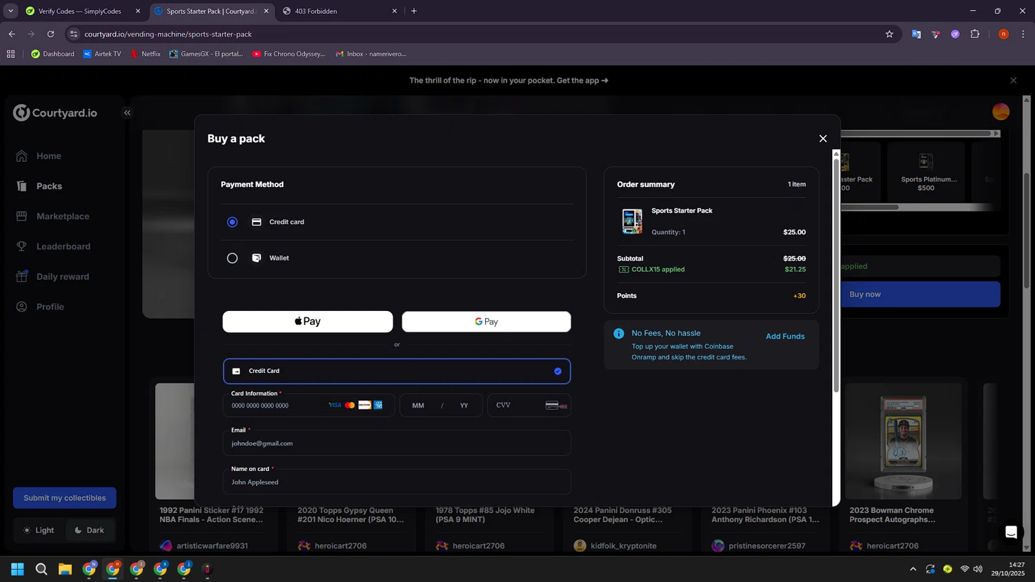 Courtyard.io checkout page showing Courtyard.io promo code box | Screenshot taken by SimplyCodes community member on Oct 29, 2025