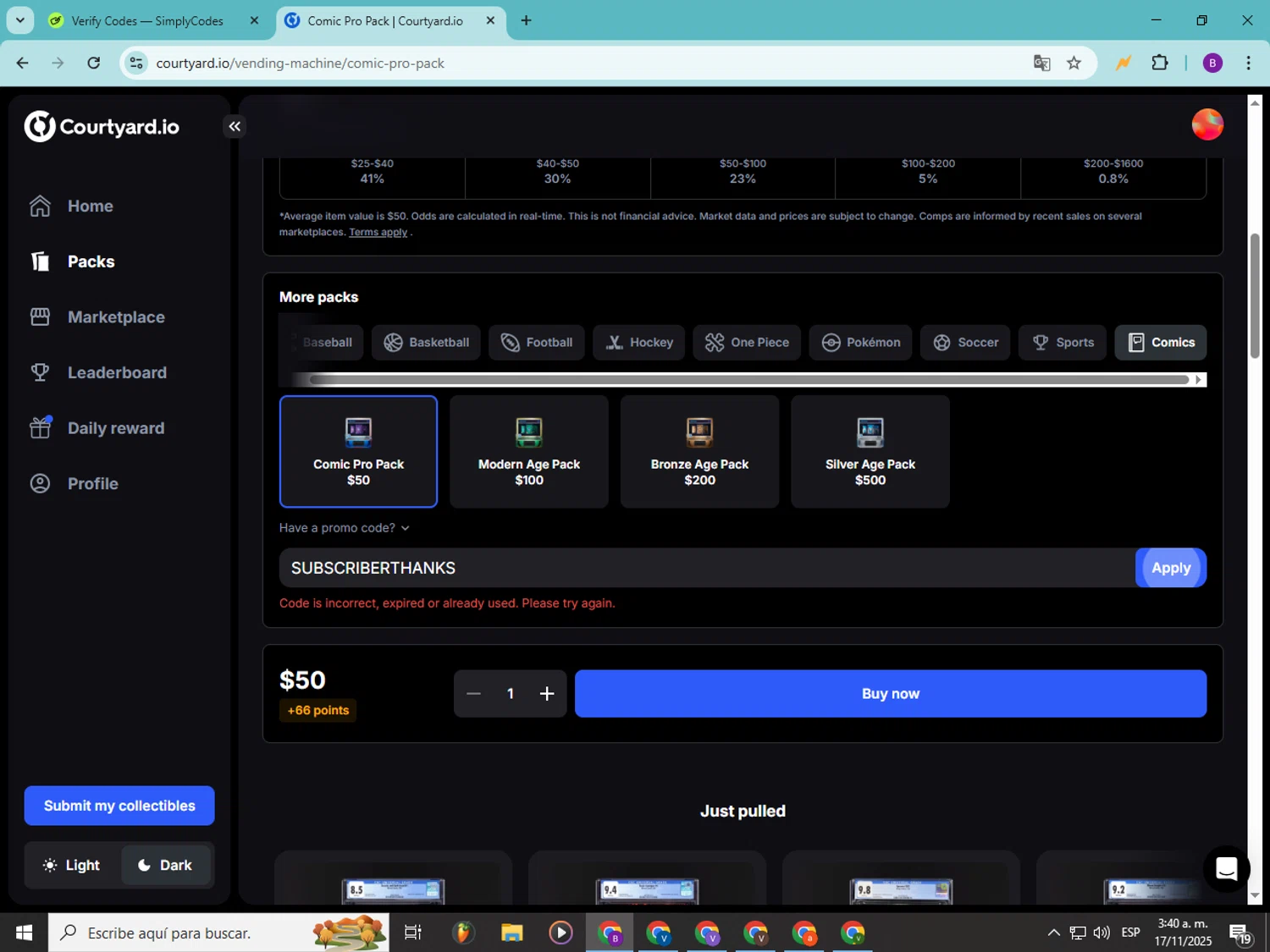 Courtyard.io promo code screenshot showing code SUBSCRIBERTHANKS applied at Courtyard.io checkout page. Uploaded by SimplyCodes community member Soyvictor on Nov 17, 2025