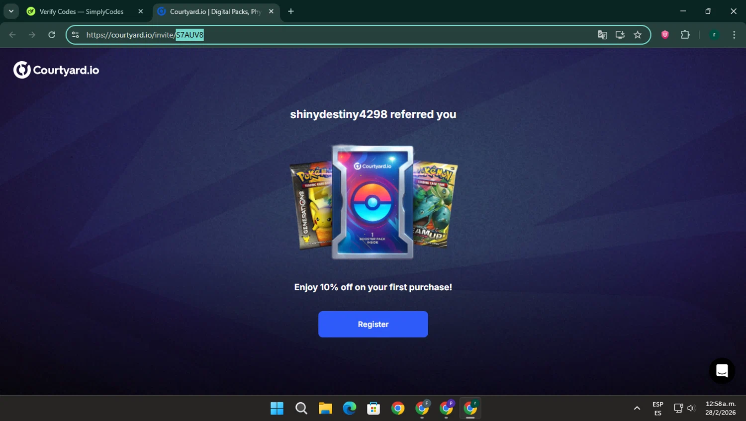 Courtyard.io promo code screenshot showing code S7AUV8 applied at Courtyard.io checkout page. Uploaded by SimplyCodes community member rodri1 on Feb 28, 2026
