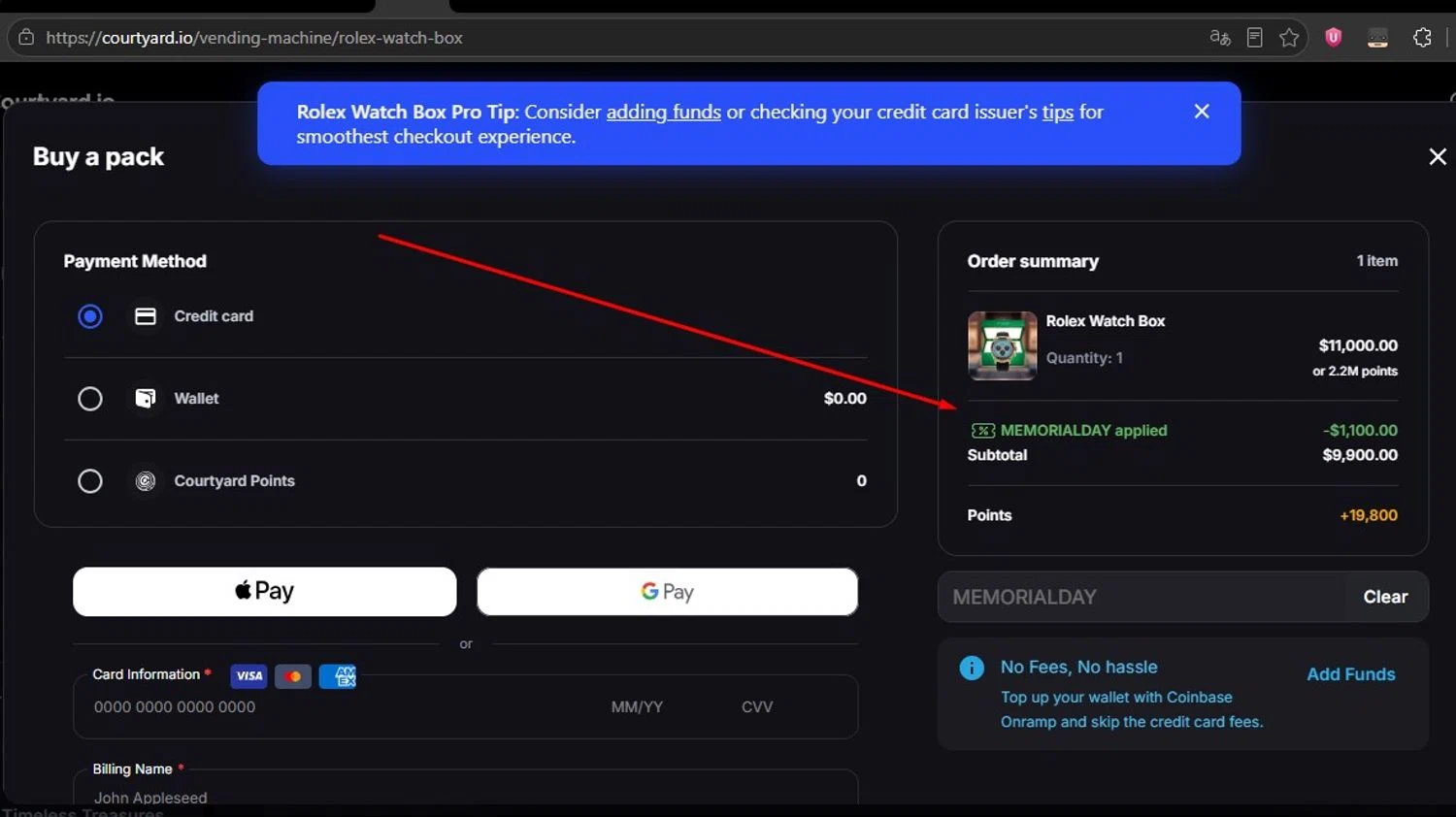 Courtyard.io promo code screenshot showing code MEMORIALDAY applied at Courtyard.io checkout page. Uploaded by SimplyCodes community member HonestVzla on May 21, 2026