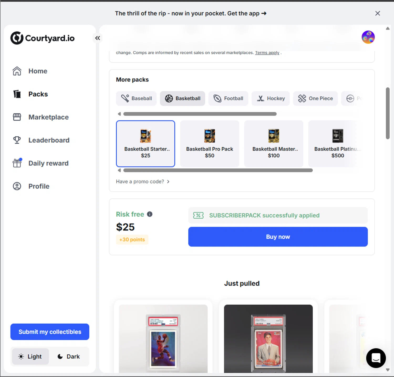 Courtyard.io promo code screenshot showing code SUBSCRIBERPACK applied at Courtyard.io checkout page. Uploaded by SimplyCodes community member PillarsofCreation on Nov 7, 2025