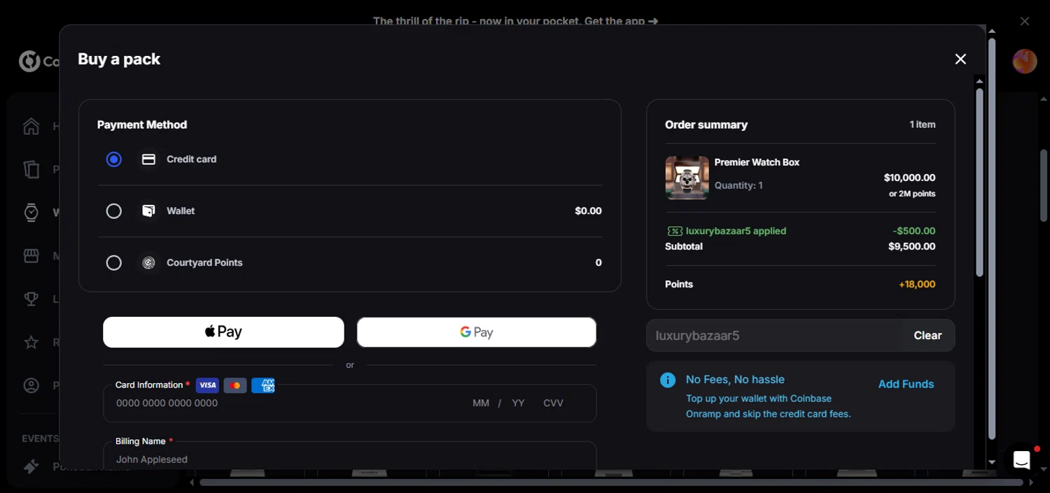 Courtyard.io promo code screenshot showing code luxurybazaar5 applied at Courtyard.io checkout page. Uploaded by SimplyCodes community member juanisaac on May 27, 2026