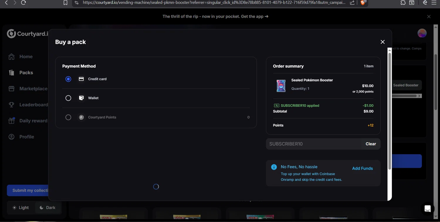 Courtyard.io promo code screenshot showing code SUBSCRIBER10 applied at Courtyard.io checkout page. Uploaded by SimplyCodes community member juanvargas1 on Dec 10, 2025