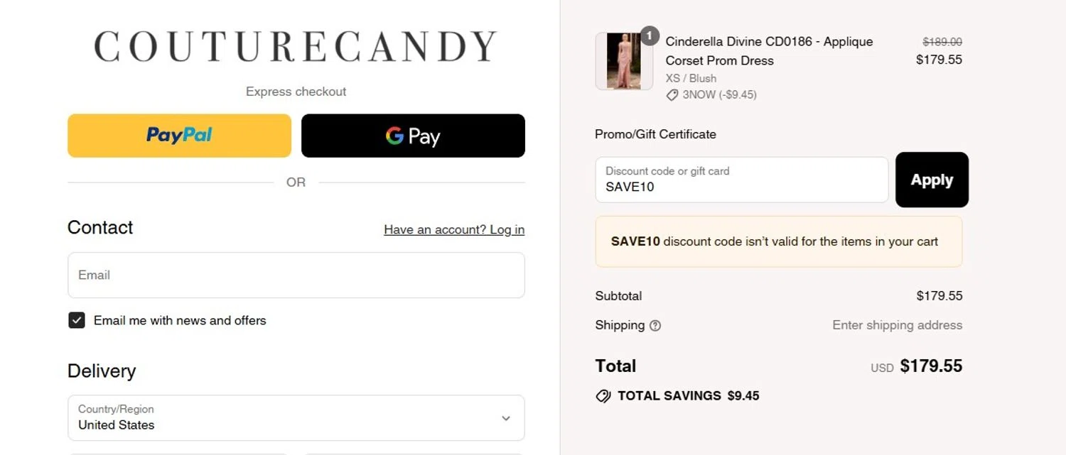 Couture Candy discount code screenshot showing code SAVE10 applied at Couture Candy checkout page. Uploaded by SimplyCodes community member TheQueenoftheRoyalty on Aug 5, 2025