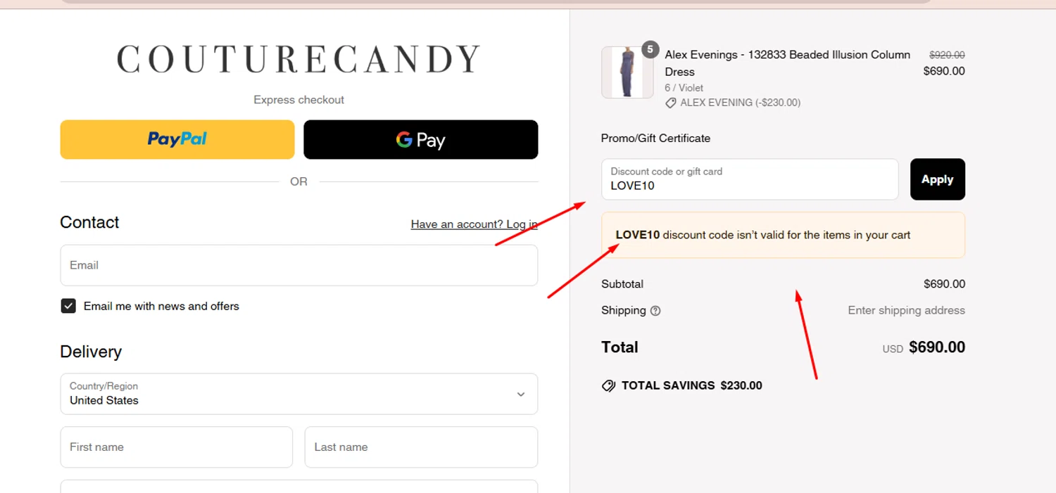 Couture Candy discount code screenshot showing code LOVE10 applied at Couture Candy checkout page. Uploaded by SimplyCodes community member MariAPB on Jun 24, 2025