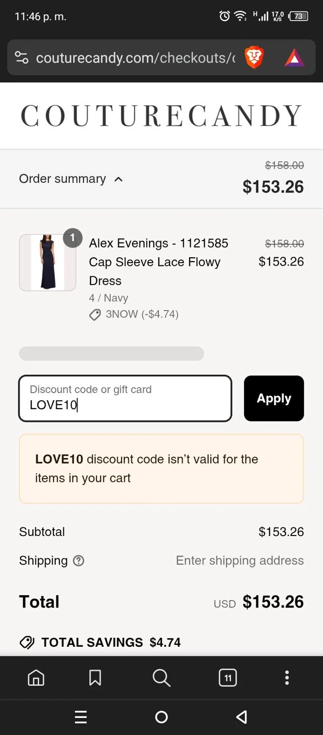 Couture Candy discount code screenshot showing code LOVE10 applied at Couture Candy checkout page. Uploaded by SimplyCodes community member VoucherCollector7501 on Mar 22, 2025