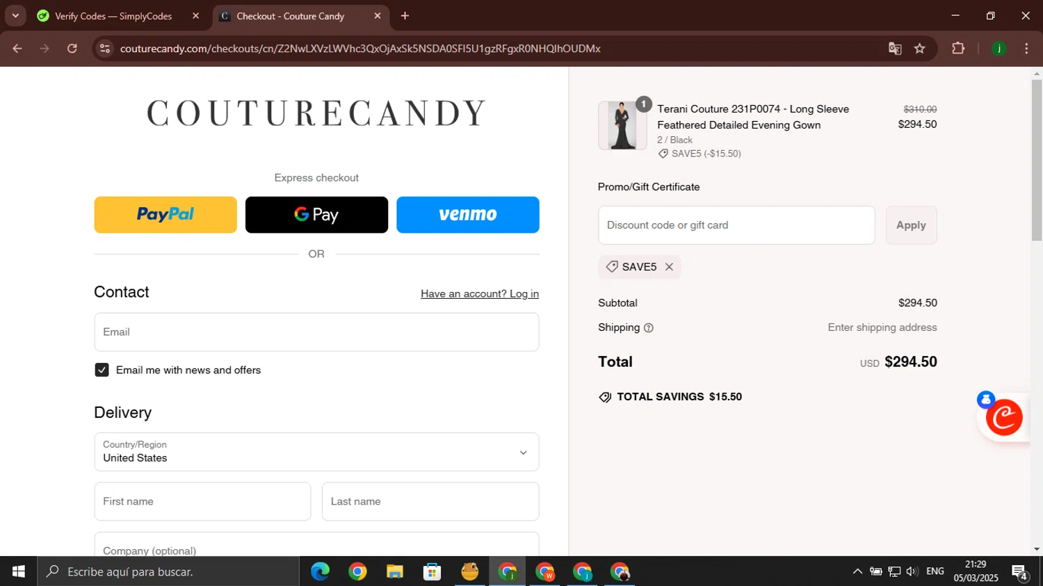 Couture Candy discount code screenshot showing code SAVE5 applied at Couture Candy checkout page. Uploaded by SimplyCodes community member jorgeroz on Mar 6, 2025