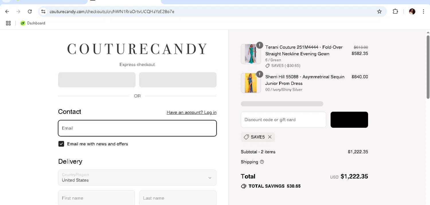 Couture Candy discount code screenshot showing code SAVE5 applied at Couture Candy checkout page. Uploaded by SimplyCodes community member monicacaraballo on Aug 5, 2025