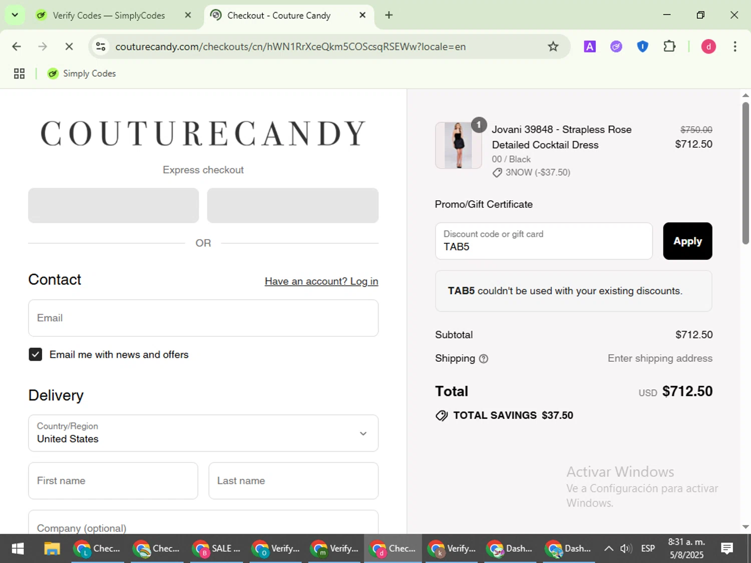 Couture Candy discount code screenshot showing code TAB5 applied at Couture Candy checkout page. Uploaded by SimplyCodes community member BudgetVoyager5452 on Aug 5, 2025