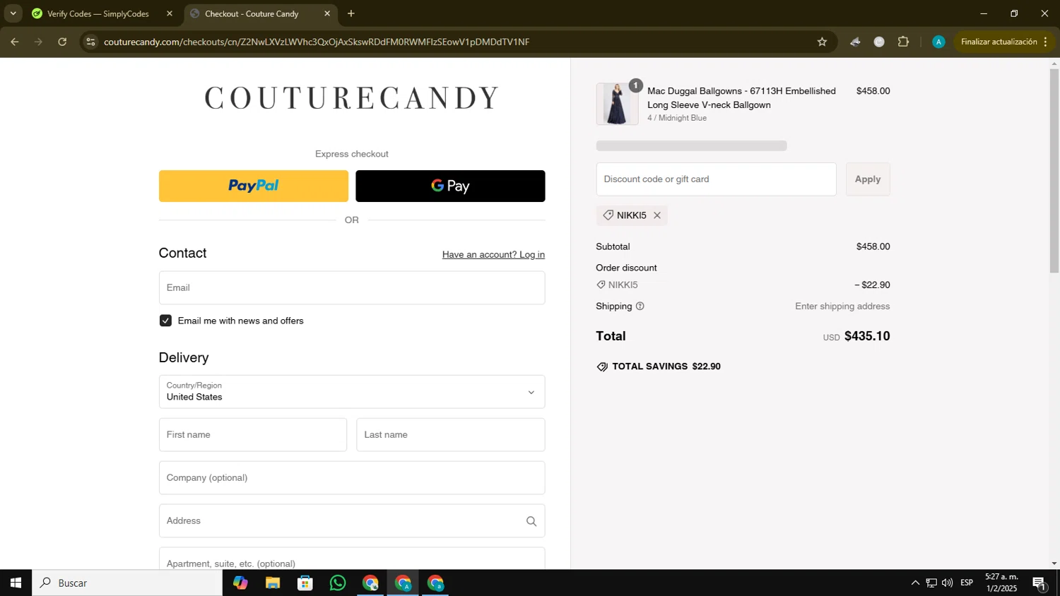 Couture Candy discount code screenshot showing code NIKKI5 applied at Couture Candy checkout page. Uploaded by SimplyCodes community member Blackmesa on Feb 1, 2025