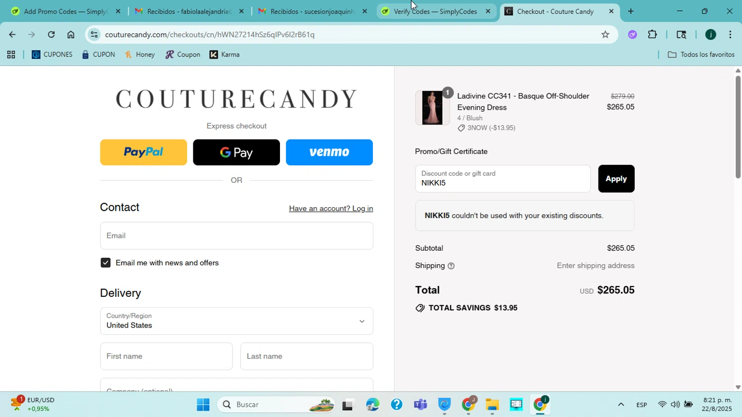 Couture Candy discount code screenshot showing code NIKKI5 applied at Couture Candy checkout page. Uploaded by SimplyCodes community member jorgejavierherrera on Aug 23, 2025