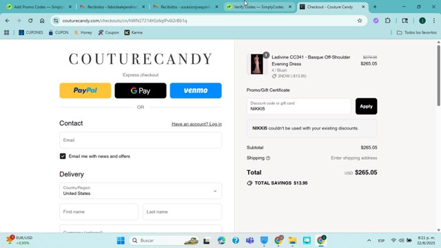 Couture Candy checkout page showing Couture Candy discount code box | Screenshot taken by SimplyCodes community member on Aug 23, 2025