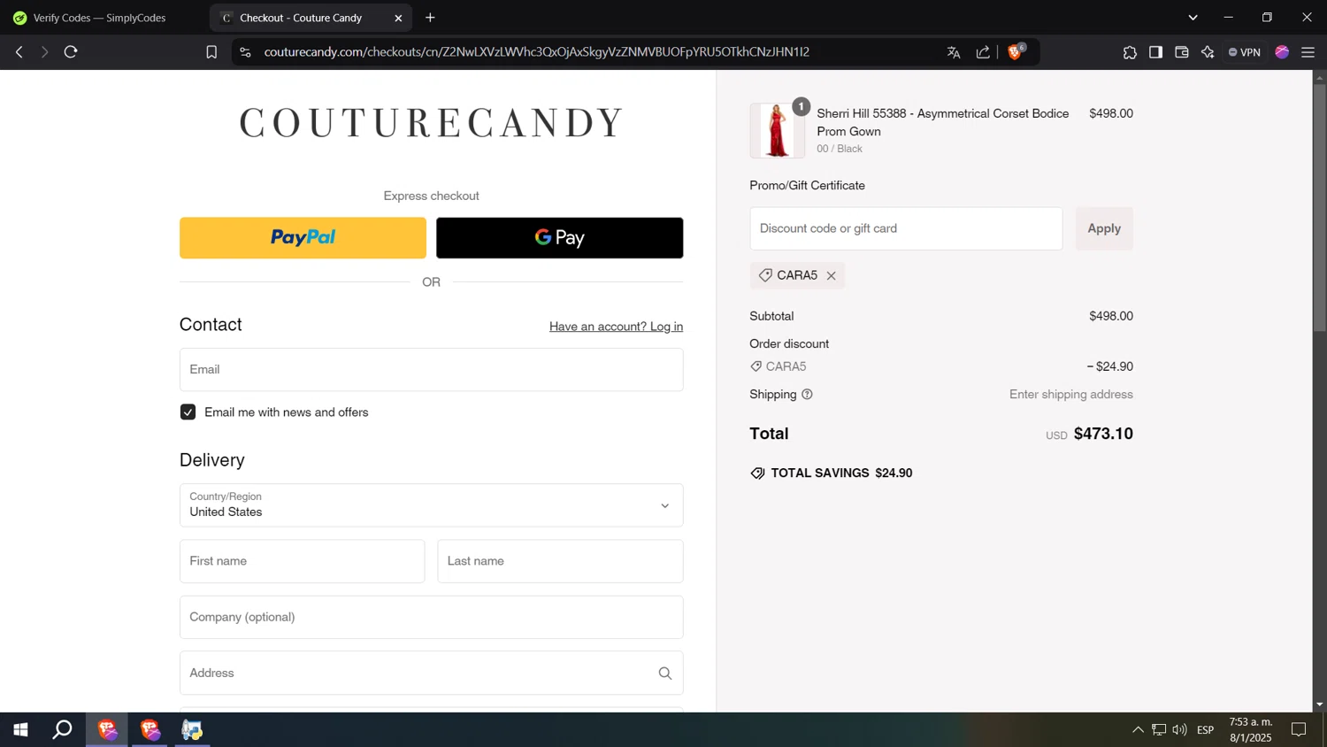 Couture Candy discount code screenshot showing code CARA5 applied at Couture Candy checkout page. Uploaded by SimplyCodes community member SpeeDFast on Jan 8, 2025