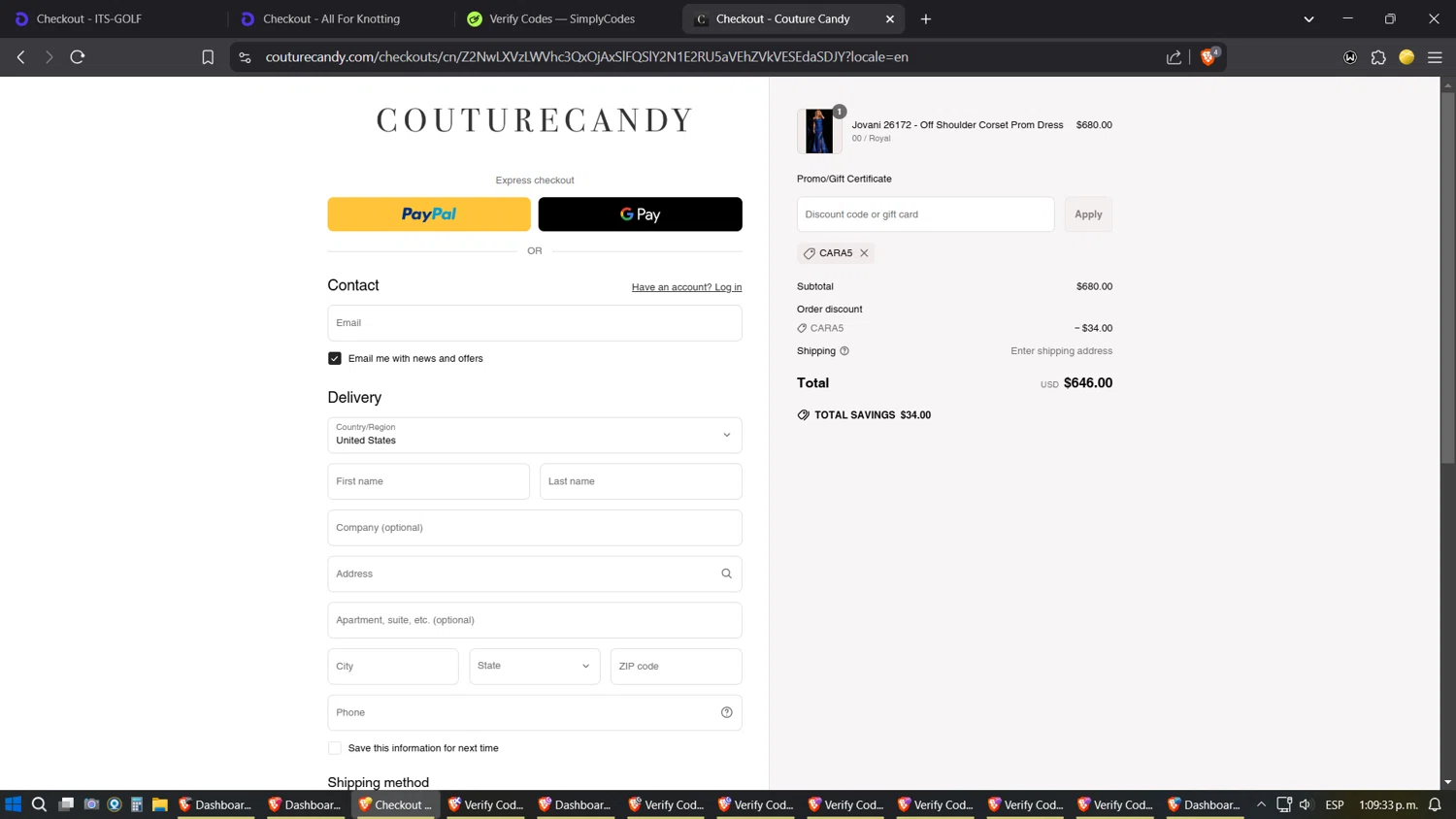 Couture Candy discount code screenshot showing code CARA5 applied at Couture Candy checkout page. Uploaded by SimplyCodes community member ZoilaPerrita on Mar 31, 2025