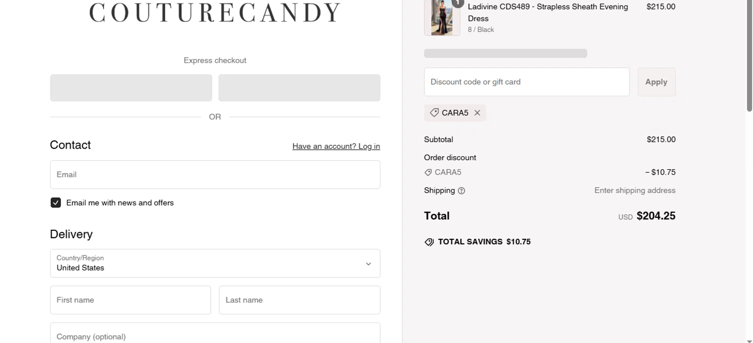 Couture Candy discount code screenshot showing code CARA5 applied at Couture Candy checkout page. Uploaded by SimplyCodes community member BrilliantFalcon6936 on Jan 30, 2025
