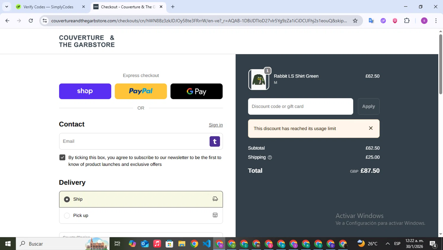 Couverture & The Garbstore promo code screenshot showing code FP9ZBKZ2B4 applied at Couverture & The Garbstore checkout page. Uploaded by SimplyCodes community member WonderPioneer5062 on Jan 30, 2026