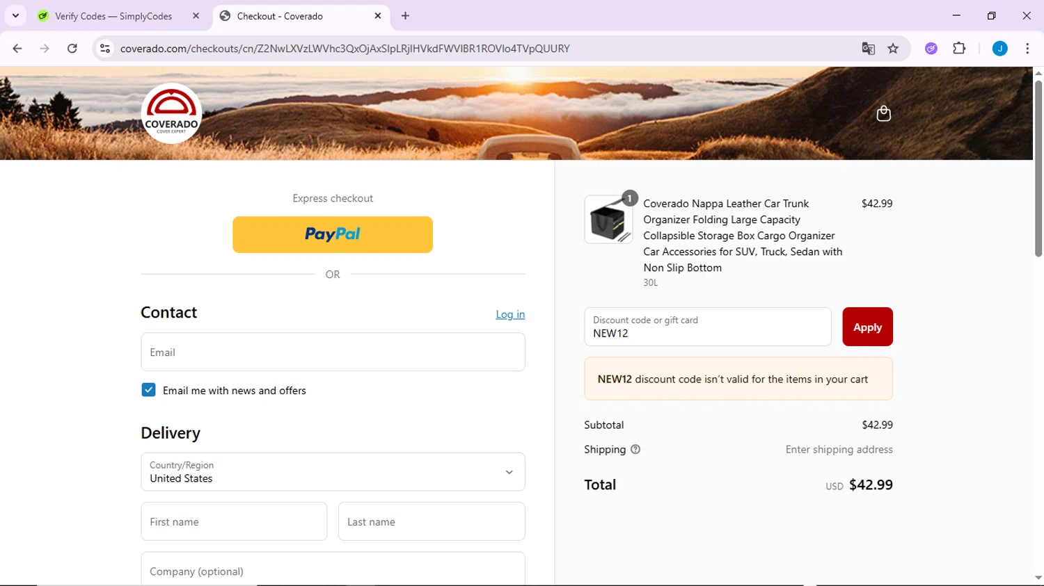 Coverado promo code screenshot showing code NEW12 applied at Coverado checkout page. Uploaded by SimplyCodes community member CodeLynx3161 on Jul 7, 2025