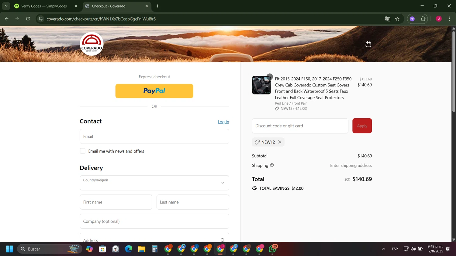 Coverado promo code screenshot showing code NEW12 applied at Coverado checkout page. Uploaded by SimplyCodes community member FrugalFinder745 on Aug 8, 2025