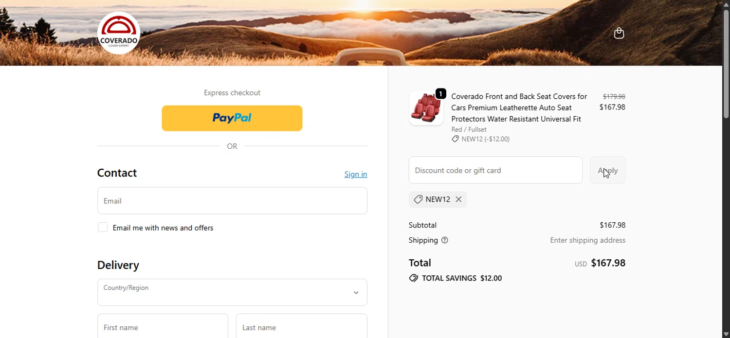 Coverado promo code screenshot showing code NEW12 applied at Coverado checkout page. Uploaded by SimplyCodes community member LuckyPioneer1027 on Dec 8, 2025