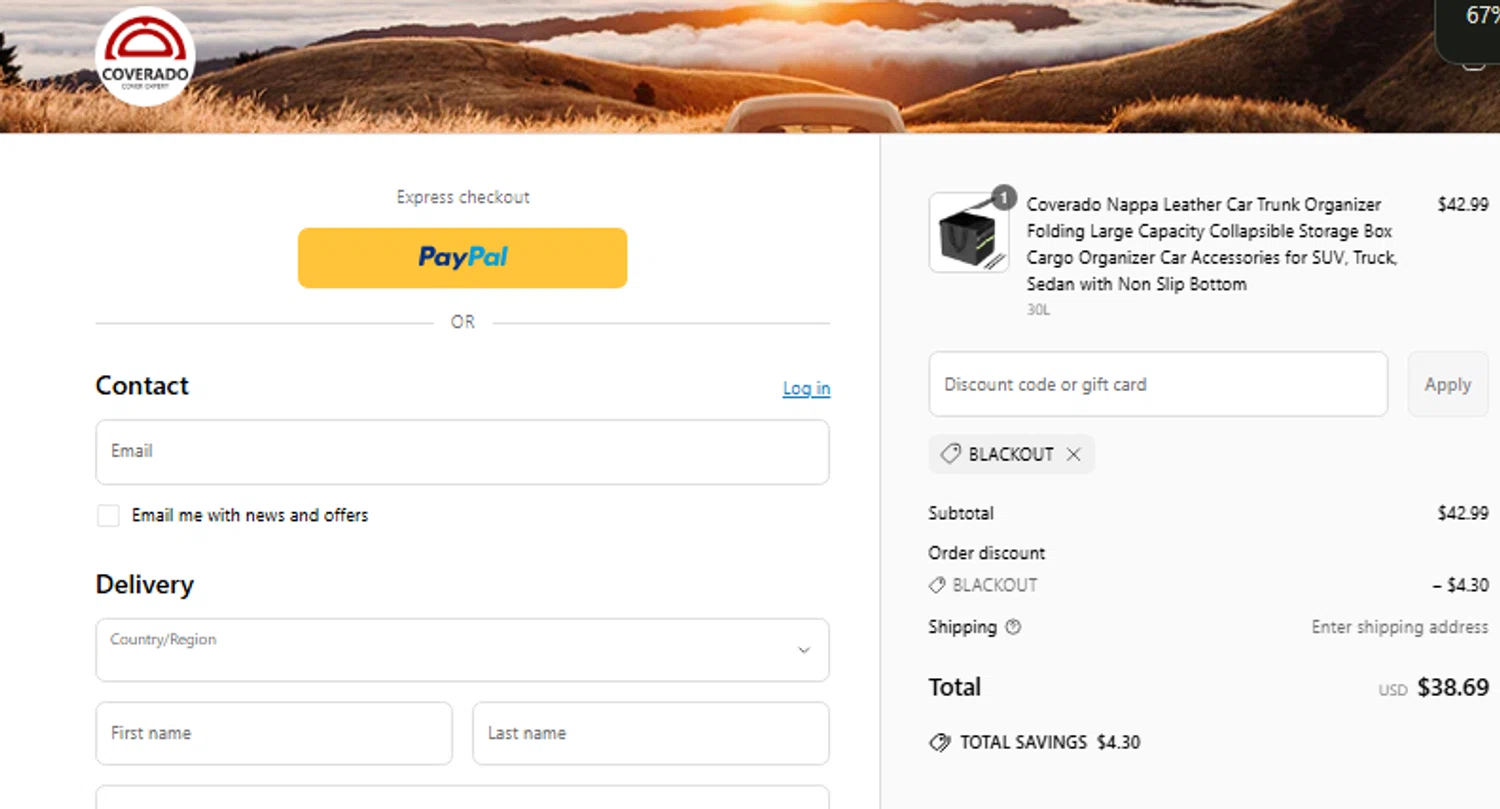 Coverado promo code screenshot showing code BLACKOUT applied at Coverado checkout page. Uploaded by SimplyCodes community member CouponLion324 on Jun 6, 2025