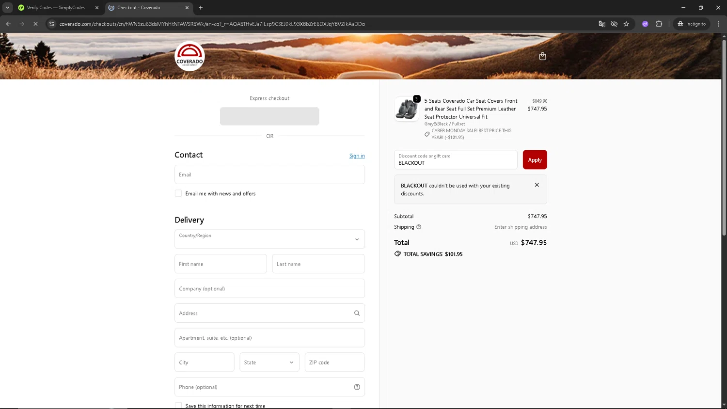Coverado promo code screenshot showing code BLACKOUT applied at Coverado checkout page. Uploaded by SimplyCodes community member SAKURA on Dec 3, 2025