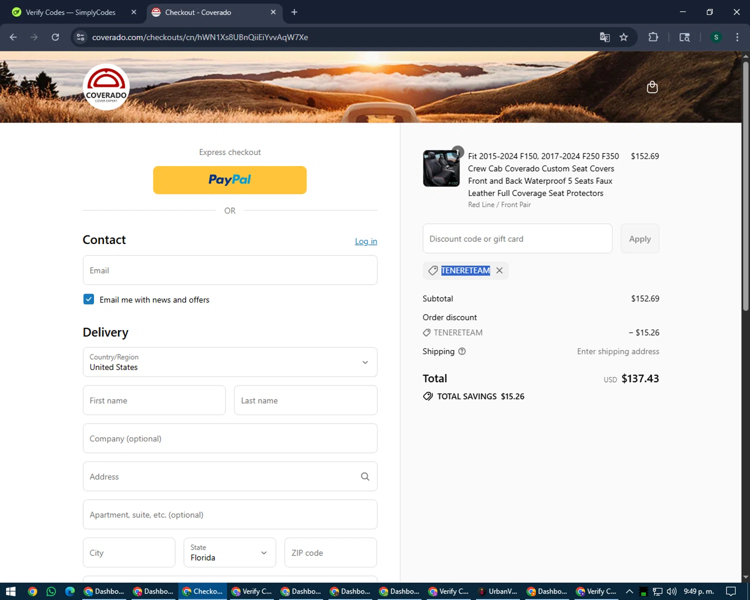 Coverado promo code screenshot showing code TENERETEAM applied at Coverado checkout page. Uploaded by SimplyCodes community member lilMosey on Aug 8, 2025