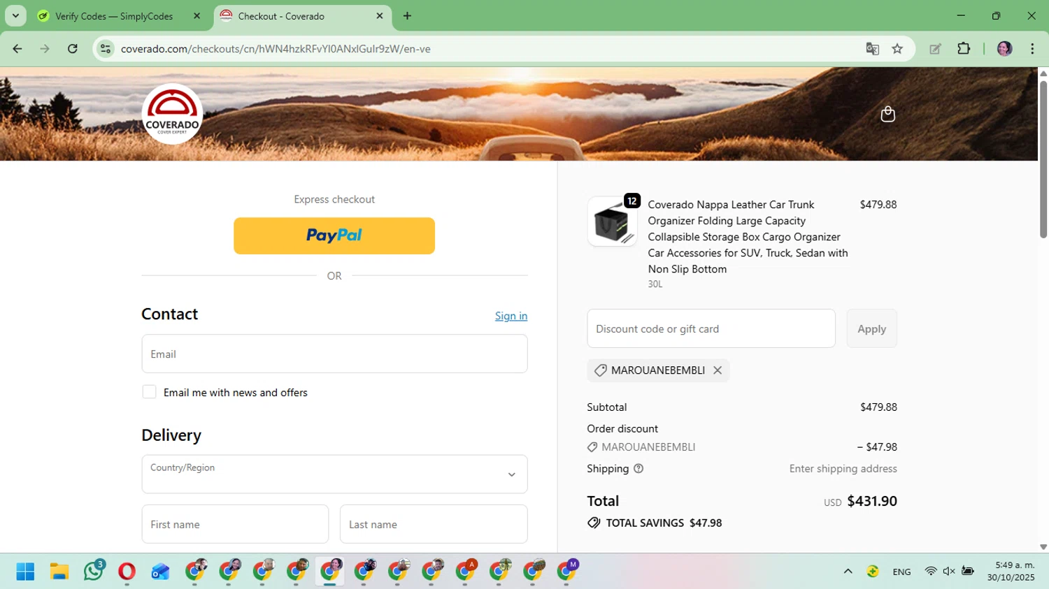 Coverado promo code screenshot showing code MAROUANEBEMBLI applied at Coverado checkout page. Uploaded by SimplyCodes community member Mari_perez on Oct 30, 2025