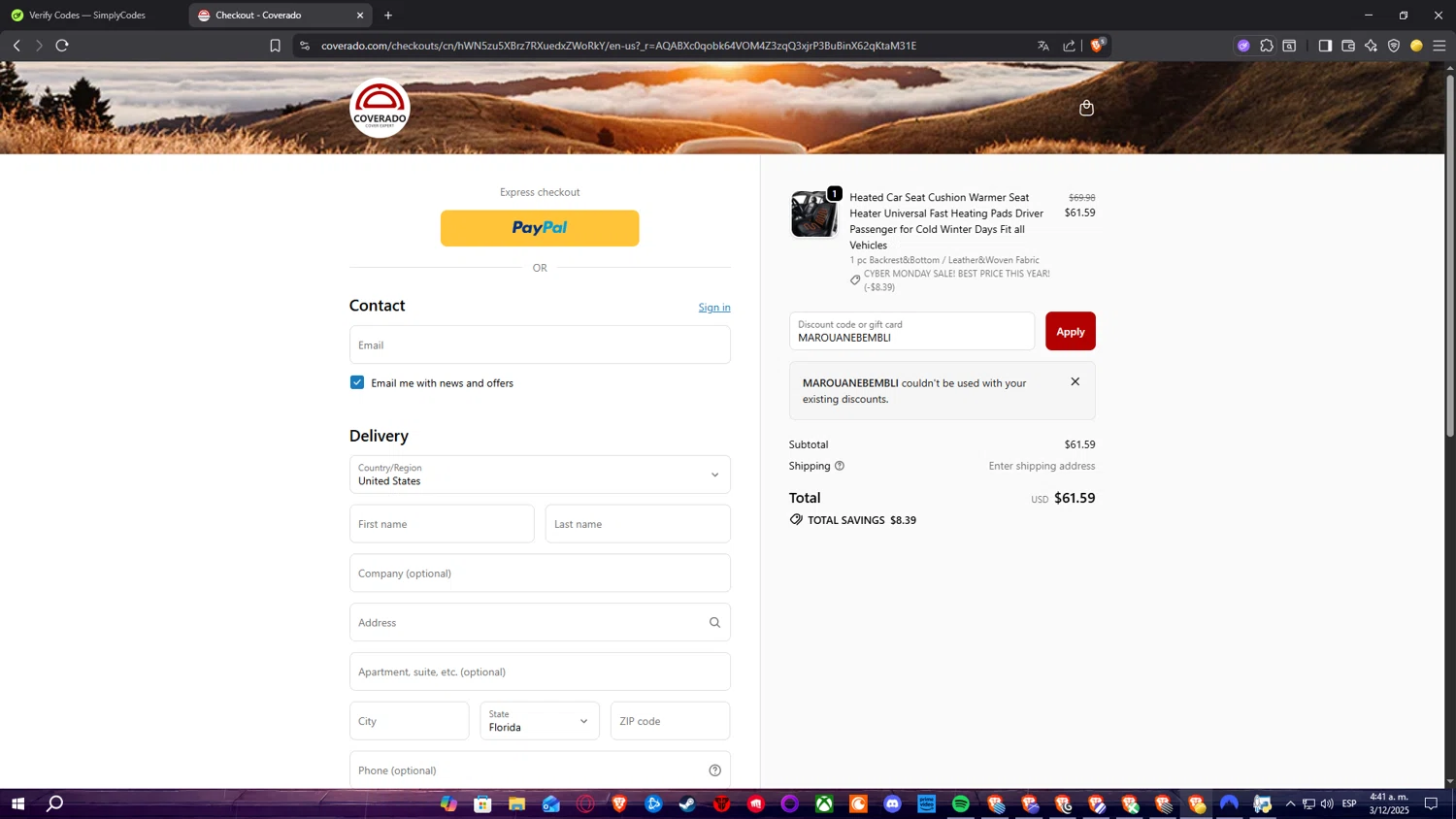 Coverado promo code screenshot showing code MAROUANEBEMBLI applied at Coverado checkout page. Uploaded by SimplyCodes community member RickelHumilde on Dec 3, 2025