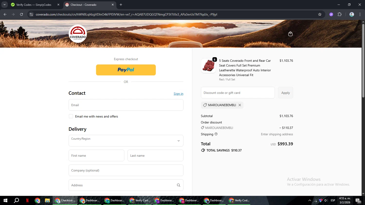 Coverado promo code screenshot showing code MAROUANEBEMBLI applied at Coverado checkout page. Uploaded by SimplyCodes community member ShrewdSeeker6165 on Feb 3, 2026