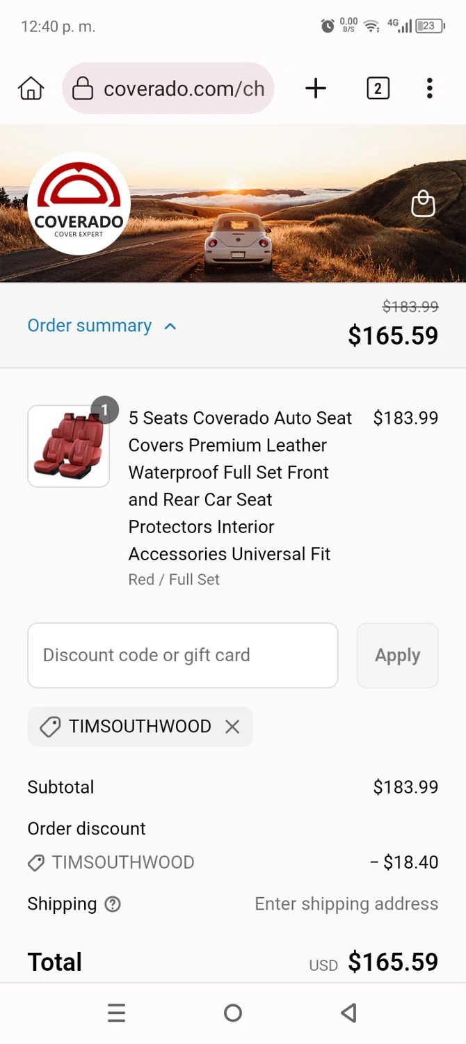 Coverado promo code screenshot showing code TIMSOUTHWOOD applied at Coverado checkout page. Uploaded by SimplyCodes community member Anthony_Diaz on Jul 17, 2025
