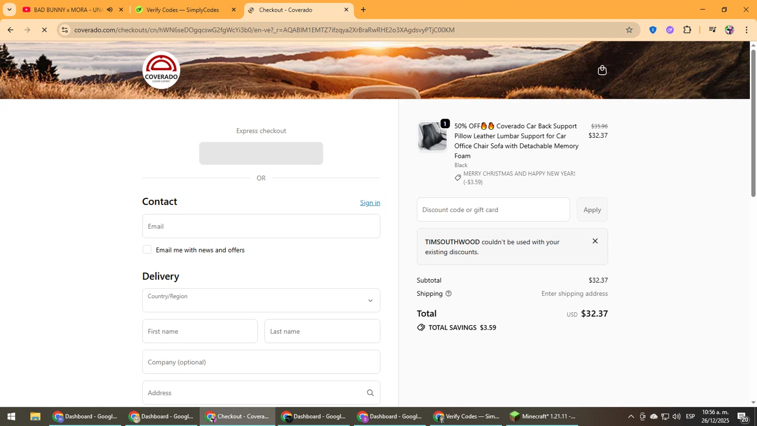 Coverado promo code screenshot showing code TIMSOUTHWOOD applied at Coverado checkout page. Uploaded by SimplyCodes community member Vanmanuel on Dec 26, 2025