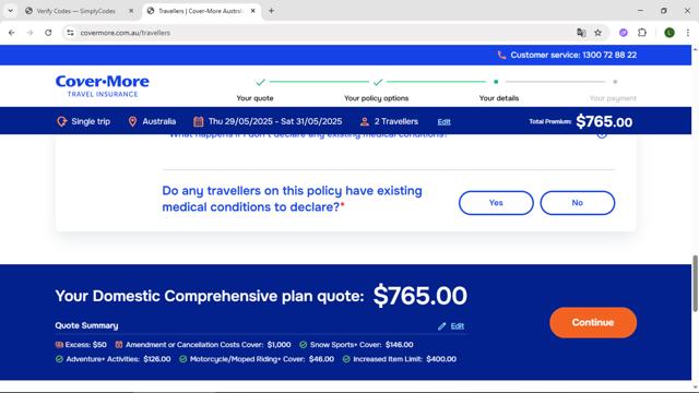 Cover-More checkout page showing Cover-More promo code box | Screenshot taken by SimplyCodes community member on May 28, 2025