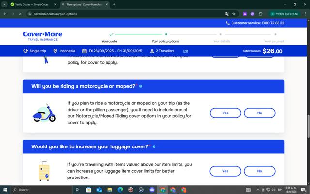 Cover-More checkout page showing Cover-More promo code box | Screenshot taken by SimplyCodes community member on Sep 16, 2025