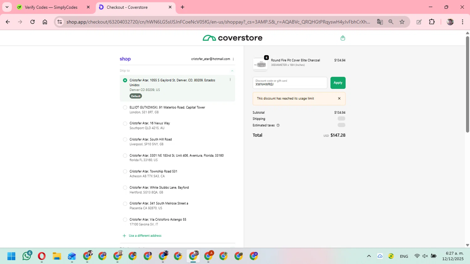 Coverstore coupon code screenshot showing code XWNHWRGJ applied at Coverstore checkout page. Uploaded by SimplyCodes community member DavGutFig on Dec 12, 2025