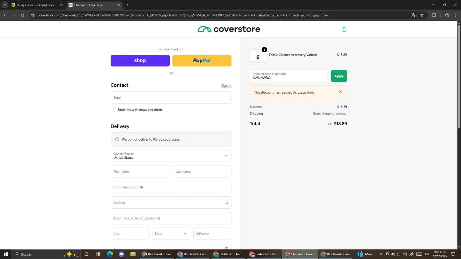 Coverstore coupon code screenshot showing code XWNHWRGJ applied at Coverstore checkout page. Uploaded by SimplyCodes community member Pirlo420 on Dec 12, 2025