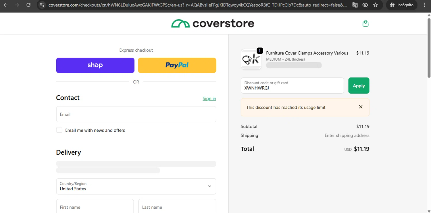 Coverstore coupon code screenshot showing code XWNHWRGJ applied at Coverstore checkout page. Uploaded by SimplyCodes community member UchihaMadara on Dec 12, 2025