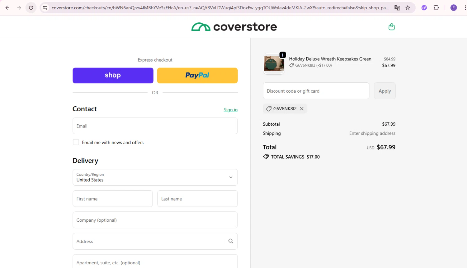 Coverstore checkout page showing Coverstore coupon code box | Screenshot taken by SimplyCodes community member on Dec 19, 2025