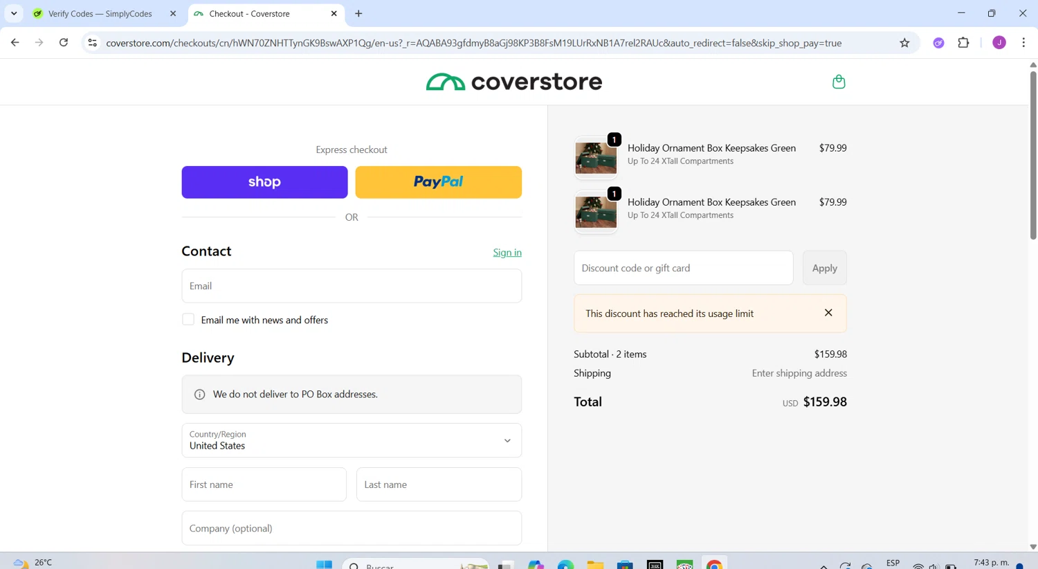 Coverstore coupon code screenshot showing code 5KFZBADI2 applied at Coverstore checkout page. Uploaded by SimplyCodes community member CleverChaser8361 on Dec 29, 2025
